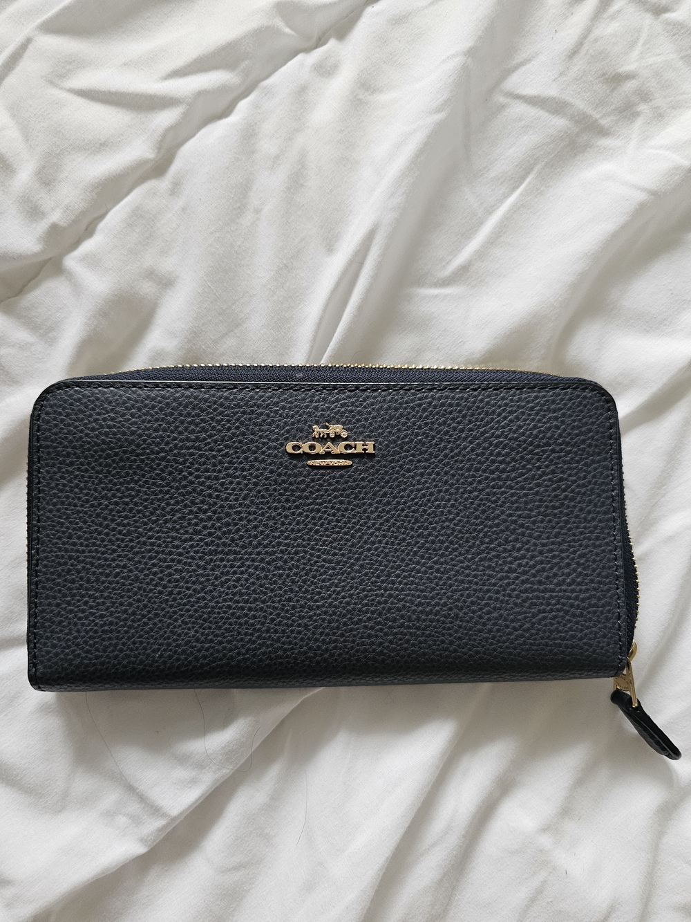 Coach Navy Blue Pebbled Leather Zip Wallet with Gold Logo